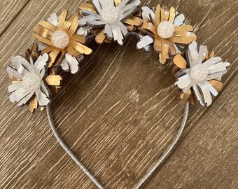 Metallic gold and silver leather flower crown / headband / fascinator, ideal for the races, wedding or party