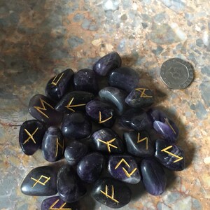 Amethyst Tumbled stone Viking Rune Stone Set, with pouch & Elder Futhark Runic Symbol Sheet, Crystal Divination image 2