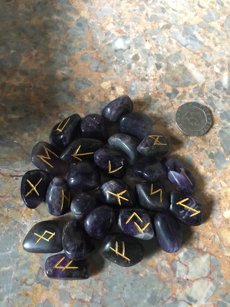 Amethyst Tumbled stone Viking Rune Stone Set, with pouch & Elder Futhark Runic Symbol Sheet, Crystal Divination image 2