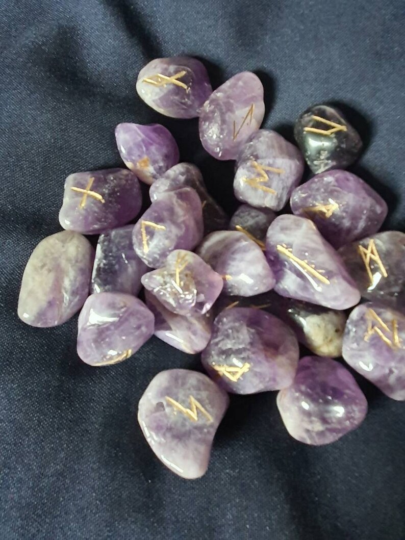 Amethyst Tumbled stone Viking Rune Stone Set, with pouch & Elder Futhark Runic Symbol Sheet, Crystal Divination image 7