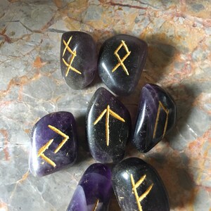 Amethyst Tumbled stone Viking Rune Stone Set, with pouch & Elder Futhark Runic Symbol Sheet, Crystal Divination image 5