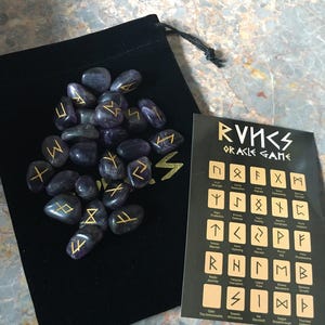 Amethyst Tumbled stone Viking Rune Stone Set, with pouch & Elder Futhark Runic Symbol Sheet, Crystal Divination image 1