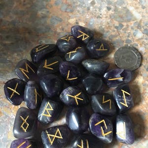 Amethyst Tumbled stone Viking Rune Stone Set, with pouch & Elder Futhark Runic Symbol Sheet, Crystal Divination image 3