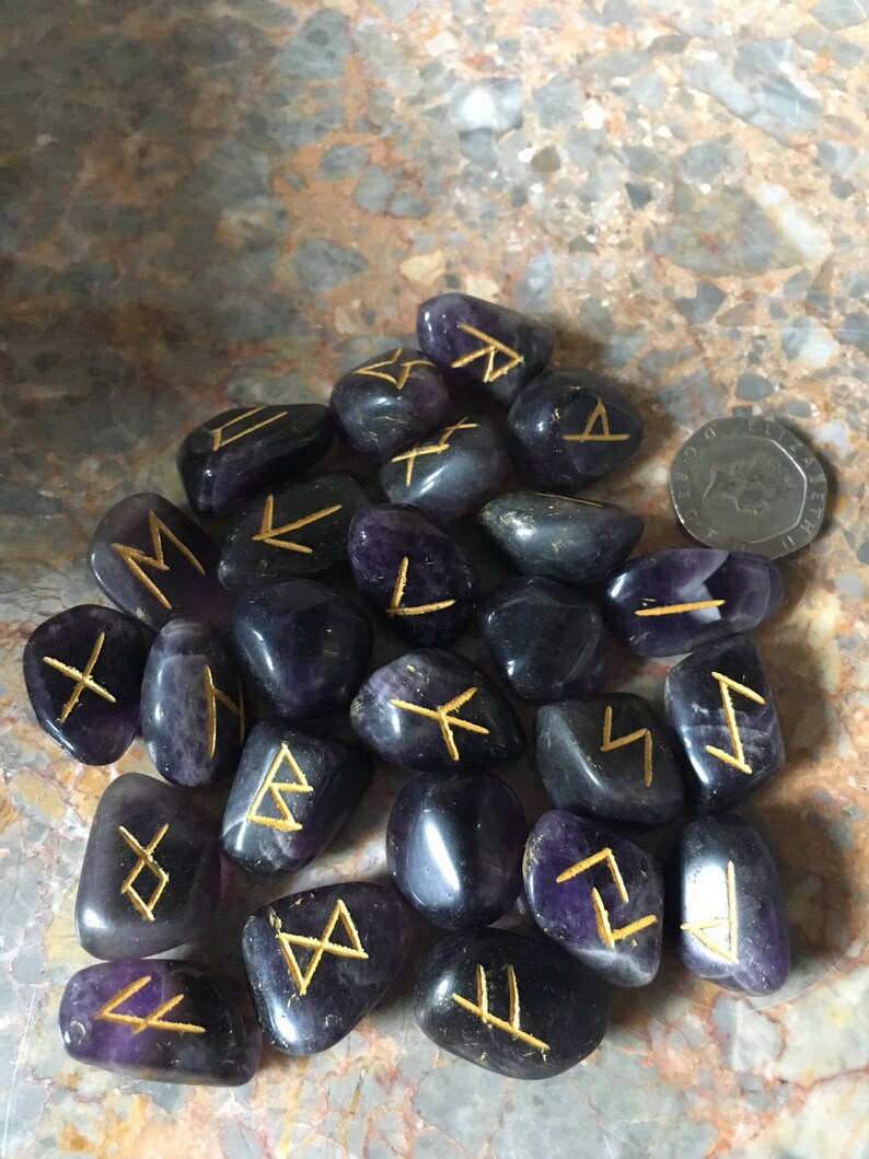 Amethyst Tumbled stone Viking Rune Stone Set, with pouch & Elder Futhark Runic Symbol Sheet, Crystal Divination image 3