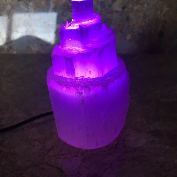 Selenite Multi Coloured Mood Light,  Mini Mountain Crystal USB Lamp, Angel Stone, Coloured LED Reiki Healing