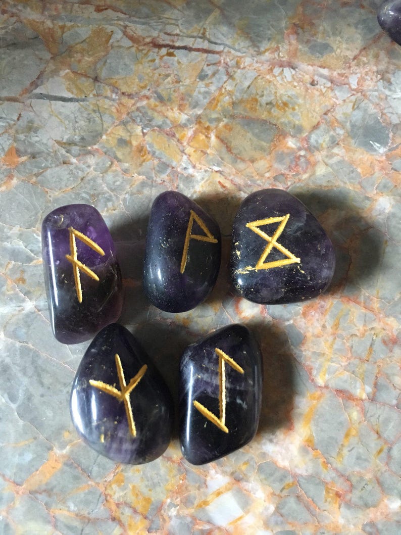 Amethyst Tumbled stone Viking Rune Stone Set, with pouch & Elder Futhark Runic Symbol Sheet, Crystal Divination image 4