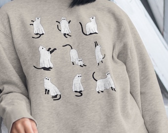 Ghost Kitty Cat Sweatshirt Halloween Sweater Fall Clothing Unisex Heavy Blend Crewneck Sweatshirt