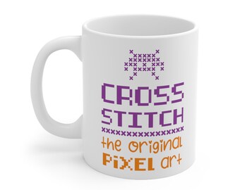 Cross Stitch the Original Pixel Art Coffee Mug, Counted Cross Stitch Gift, Xstitch Drinkware, Home Decor, Ceramic Mug 11oz
