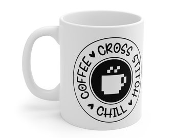 Caneca de café fria e ponto cruz de café, presente de inauguração para ventilador de ponto cruz contado, caneca de cerâmica 11 onças