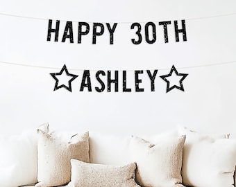 Personalized Happy Birthday Banner, Custom 30th, Birthday Party Banner, Gold Glitter Sign, 30th Birthday, Custom Name Banner, For Him Her