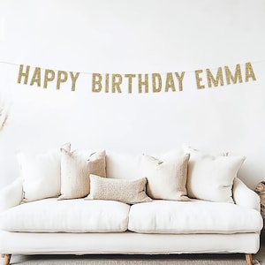 Pancarta de feliz cumpleaños personalizada, nombre personalizado, decoración para fiesta de cumpleaños, letrero con purpurina dorada, 1.º, 2.º, 16.º, 18.º, 21.º y 30.º cumpleaños, para cualquier edad.