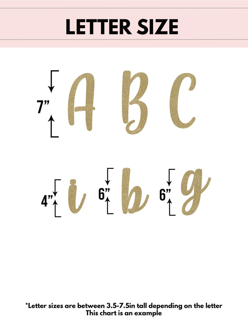 May include: A chart showing the approximate size of different letters in inches. The letters A, B, C, i, b, and g are shown with measurements of 7 inches, 6 inches, and 4 inches.