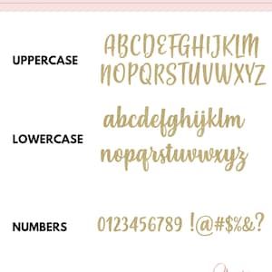 May include: A gold glitter letter chart with uppercase and lowercase letters, numbers, and punctuation marks. The chart is on a pink background with the text "LETTER CHART" at the top and "Glitter TOPPER" at the bottom.