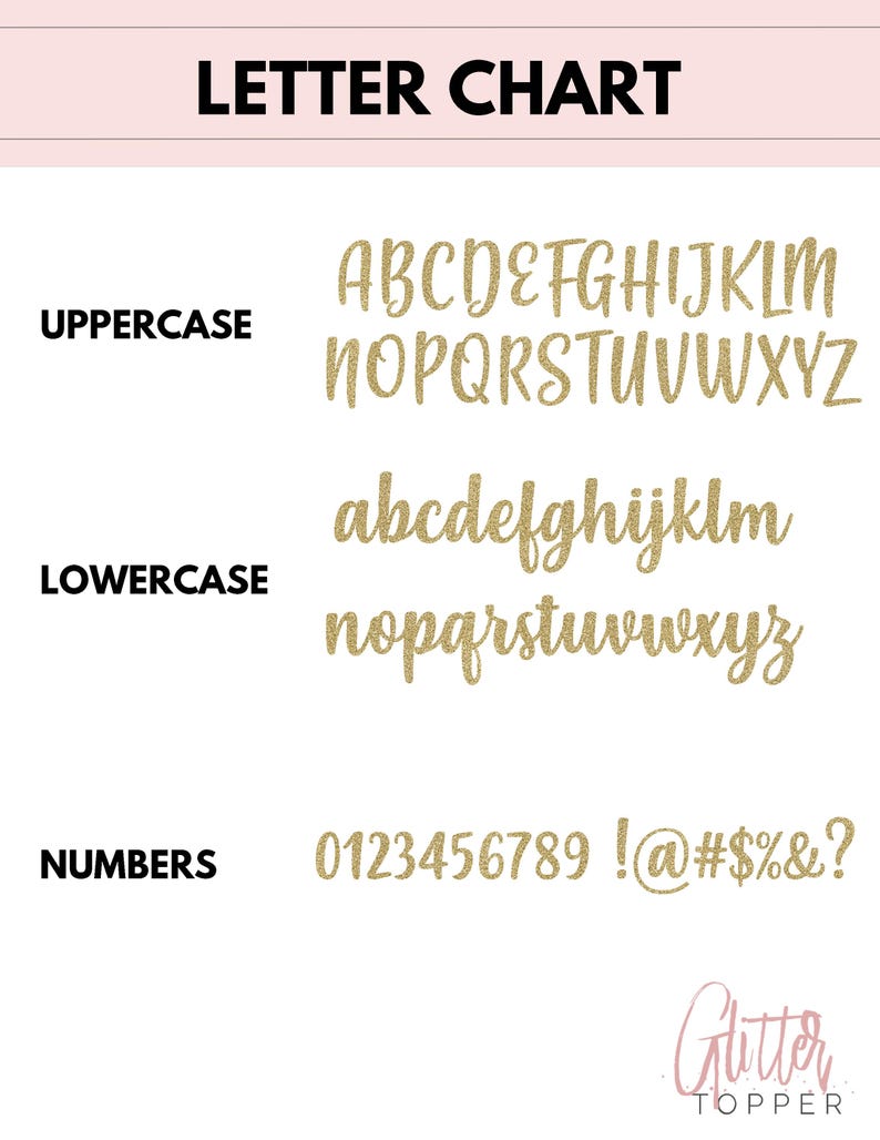 May include: A gold glitter letter chart with uppercase and lowercase letters, numbers, and punctuation marks. The chart is on a pink background with the text "LETTER CHART" at the top and "Glitter TOPPER" at the bottom.