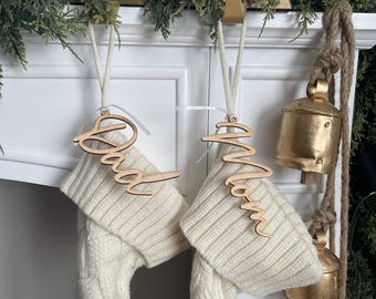 Wooden Stocking Name Tag, Personalized Christmas Tag, Custom Laser-Cut Wood Charm, Rustic Modern Gift Tag,