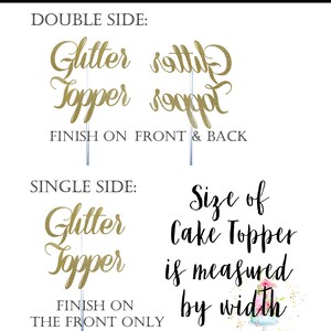 May include: A guide to cake topper details, showing a gold glitter cake topper with the text "Glitter Topper" on it. The text explains that the size of the cake topper is measured by width and that the topper can be single-sided or double-sided.