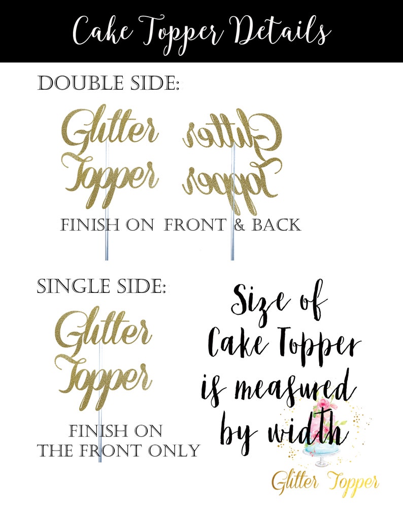 May include: A guide to cake topper details, showing a gold glitter cake topper with the text "Glitter Topper" on it. The text explains that the size of the cake topper is measured by width and that the topper can be single-sided or double-sided.