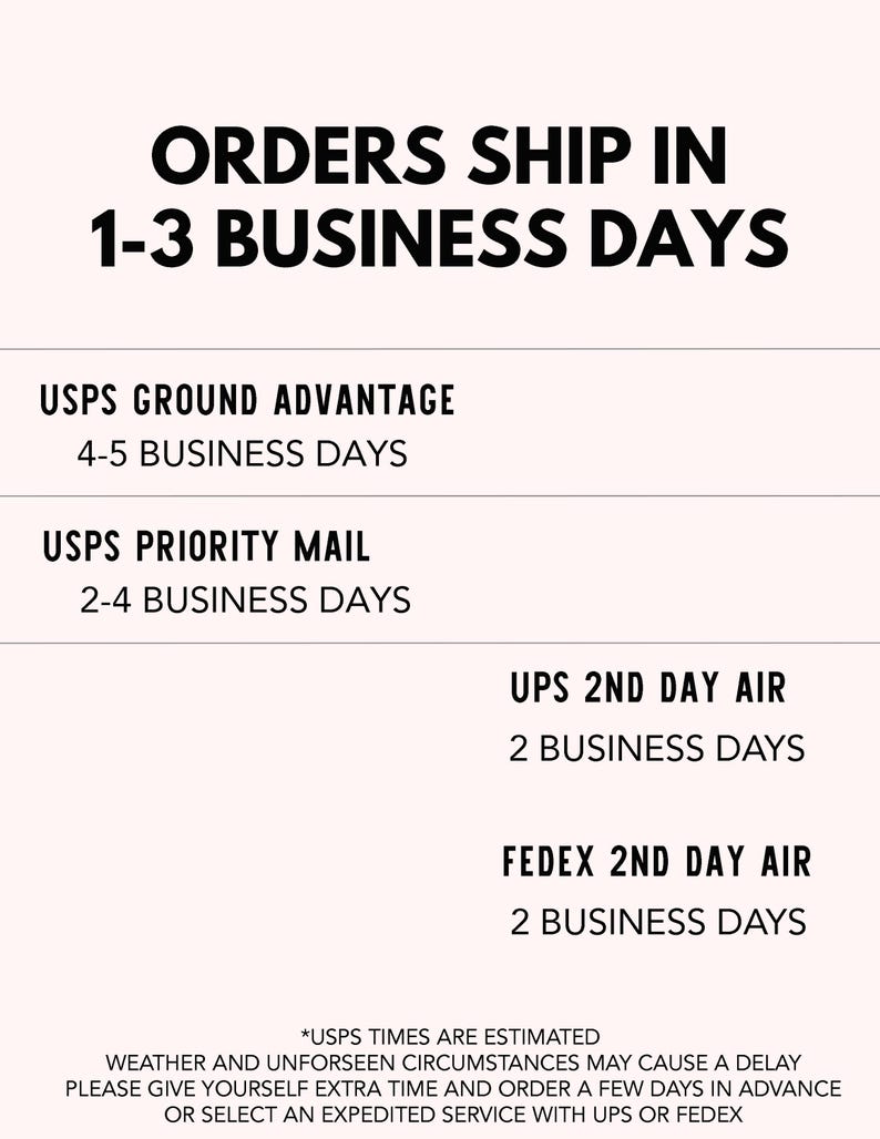 May include: Text on a light pink background states "ORDERS SHIP IN 1-3 BUSINESS DAYS." Additional text details shipping times for USPS, UPS, and FedEx services. The bottom of the image includes a disclaimer about potential delays.