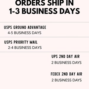 May include: A graphic showing shipping times for orders. Orders ship in 1-3 business days. USPS Ground Advantage takes 4-5 business days. USPS Priority Mail takes 2-4 business days. UPS 2nd Day Air takes 2 business days. FedEx 2nd Day Air takes 2 business days. *USPS times are estimated. Weather and unforeseen circumstances may cause a delay. Please give yourself extra time and order a few days in advance or select an expedited service with UPS or FedEx.
