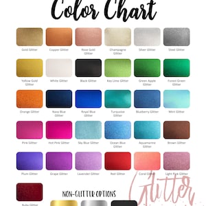 K&ouml;nnte beinhalten: Farbkarte mit verschiedenen Glitzer- und Nicht-Glitzer-Optionen f&uuml;r einen Glitzer-Topper. Die Karte enth&auml;lt Farben wie Gold, Silber, Kupfer, Ros&eacute;gold, Schwarz, Wei&szlig;, Rot, Blau, Gr&uuml;n, Pink, Lila und mehr. Nicht-Glitzer-Optionen umfassen Goldfolie, Silberfolie und schwarze Tafel.