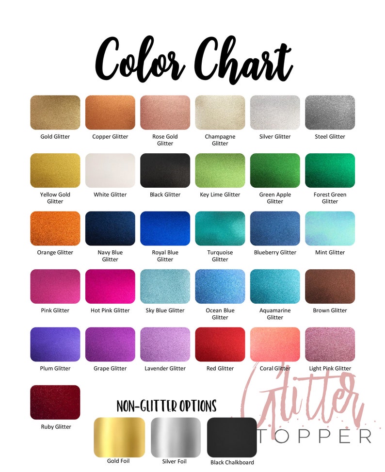 K&ouml;nnte beinhalten: Farbkarte mit verschiedenen Glitzer- und Nicht-Glitzer-Optionen f&uuml;r einen Glitzer-Topper. Die Karte enth&auml;lt Farben wie Gold, Silber, Kupfer, Ros&eacute;gold, Schwarz, Wei&szlig;, Rot, Blau, Gr&uuml;n, Pink, Lila und mehr. Nicht-Glitzer-Optionen umfassen Goldfolie, Silberfolie und schwarze Tafel.