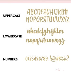 May include: A gold glitter letter chart with uppercase and lowercase letters, numbers, and punctuation marks. The chart is on a pink background with the text "LETTER CHART" at the top and "Glitter TOPPER" at the bottom.