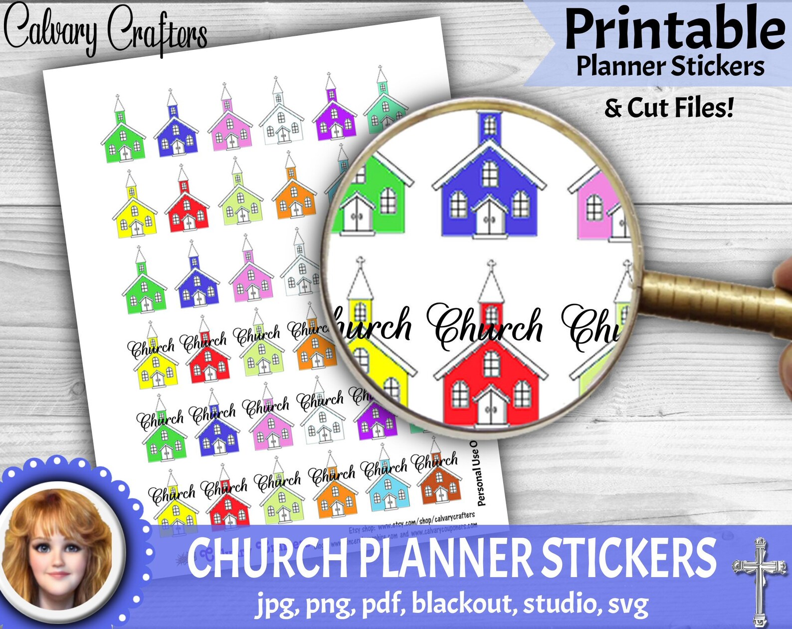 CHURCH PRINTABLE Planner Stickers, CUT Files, Classic Happy Planner ...