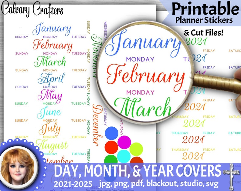 Month Day and Year Cover Script Font Version PRINTABLE Planner Stickers ...