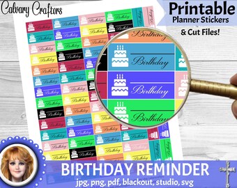 Birthday Reminder PRINTABLE Planner Stickers & CUT FILES Classic Sized Happy Planner, Birthday Cake, Happy Birthday, Functional