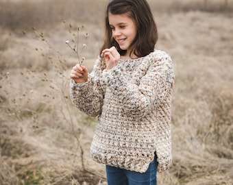 Modèle de pull au crochet pour enfant, fil super volumineux, pull enfant rapide, facile et confortable, tailles enfant 2, 4, 6, 8, 10, 12