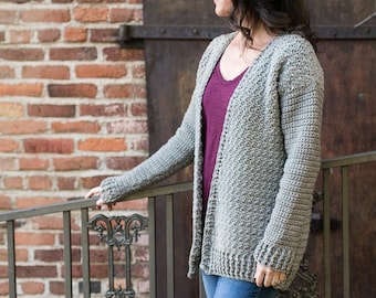 Modèle de pull cardigan au crochet débutant, fil volumineux, pull Maylee par Teal & Finch, XS, S, M, L, XL, 2X pour femmes