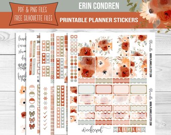 Pegatinas de planificador imprimibles de flores de otoño, pegatinas de otoño, planificador semanal imprimible, kit de pegatinas semanales de Erin Condren, archivo de corte incluido