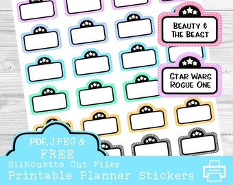 Movie Marquee Printable Planner Stickers, Planner Stickers, Movie Stickers, Movie Night Stickers, Free Silhouette Cut File Included