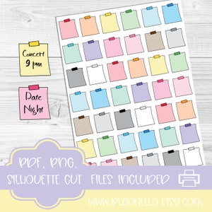 May include: A sheet of printable planner stickers featuring 48 blank sticky notes in various colors, including pink, blue, yellow, green, and gray. The notes are outlined in black and have a small black tab at the top. The text "PDF, PNG, SILHOUETTE CUT FILES INCLUDED" is at the bottom of the sheet.