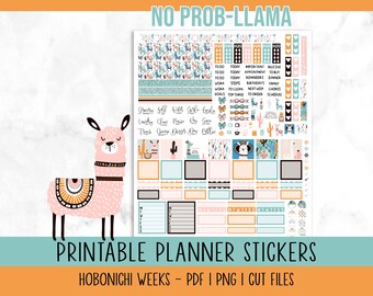 Hobonichi Weeks, Llama Printable Planner Stickers, Weekly Kit, Cut Files Included, Spring Stickers, Png, Pdf