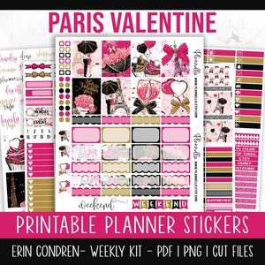 Kit de planificación del día de San Valentín, pegatinas de planificación imprimibles de Erin Condren, kit semanal vertical, pegatinas románticas de París, archivos cortados incluidos