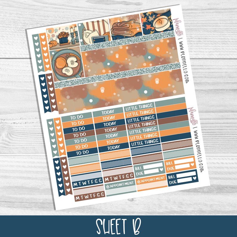 May include: A sheet of planner stickers with an autumn theme. The stickers feature various designs, including pumpkins, leaves, and a cup of coffee. The stickers are in shades of orange, brown, blue, and white. The text on the stickers includes "To Do", "Today", "Little Things", "MTWTFSS", "Bill Due", and "Appointment".