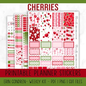 Kirschen druckbare Sticker, Frühling Sticker, Erin Condren Sticker, Frühling Weekly Kit, vertikale Planner Kit