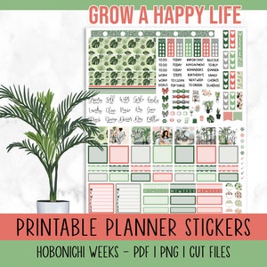 Plant Lady Printable Planner Stickers, Hobonichi Weeks, Full Weekly Kit, Cut Files Included, Tropical Planner Stickers, Png, Pdf Included