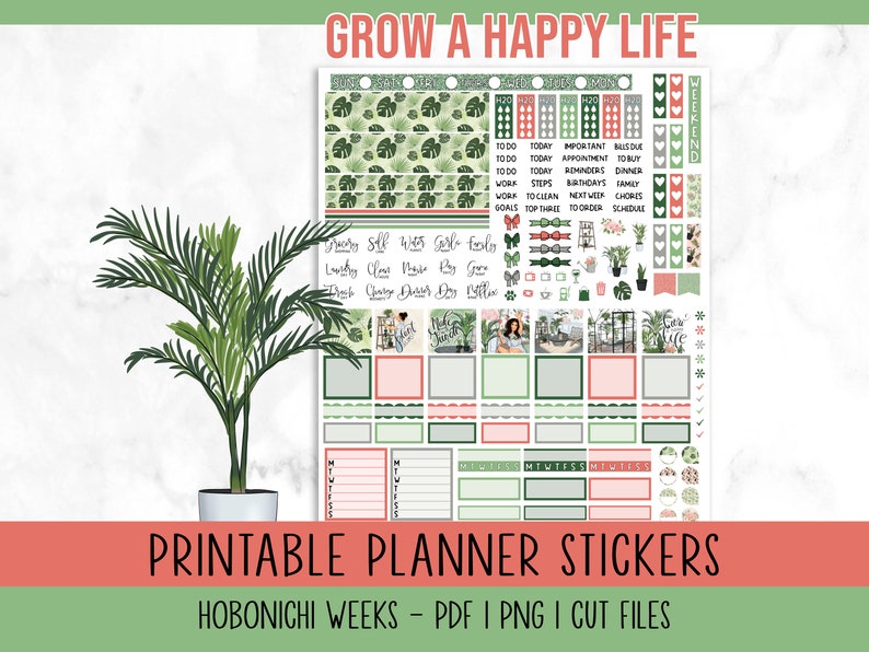 May include: Printable planner stickers with a tropical theme. The stickers feature a variety of designs, including plants, butterflies, and the text "Grow a Happy Life". The stickers are designed for use with Hobonichi Weeks planners.