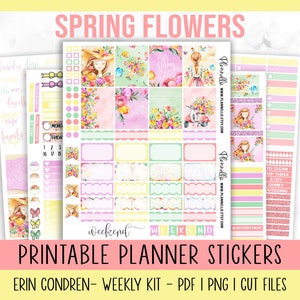Spring Flowers Printable Planner Stickers, Tulips Weekly Kit, Planner Stickers For Erin Condren, Mother&#39;s Day Vertical Kit, May Digital