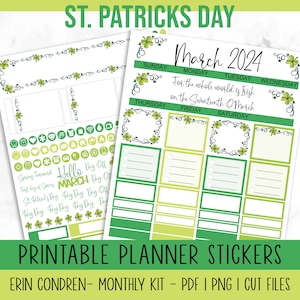 May include: Printable planner stickers for March 2024 with a St. Patrick's Day theme. The stickers feature shamrock designs, green and yellow colors, and the text "For the whole world is Irish on the Seventeenth of March".
