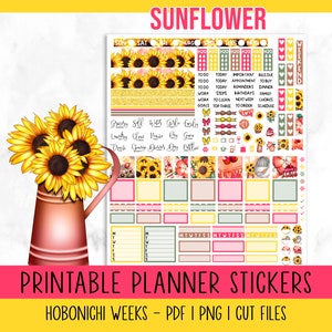 Hobonichi Wochen, Sonnenblumen Druckbare Planer Aufkleber, Sommer Blumen Aufkleber, Wochen Kit, Schnittdateien enthalten, Png, Pdf