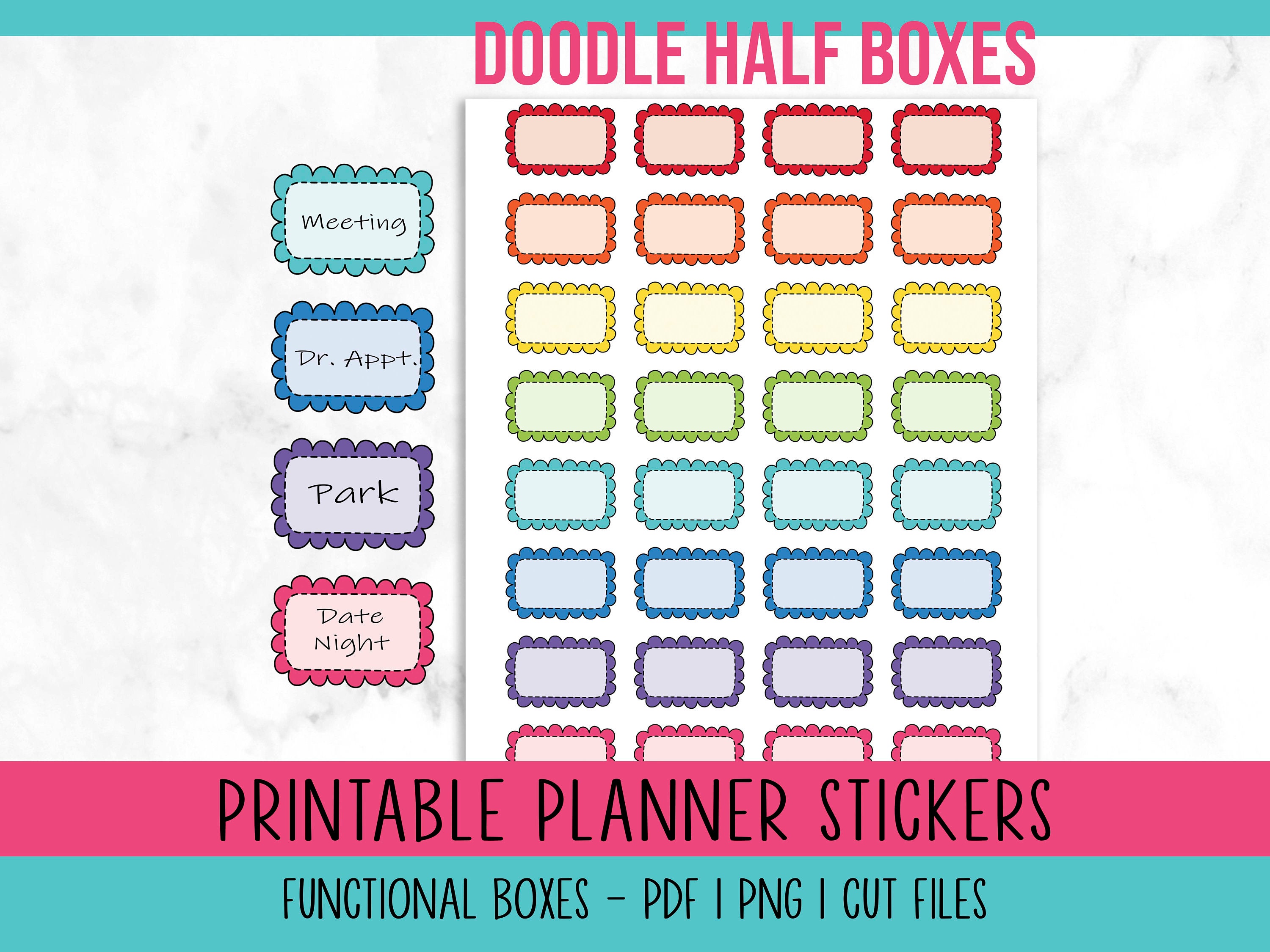 Half Box, Doodle Half Box, Printable Planner Stickers, Bright, Rainbow ...