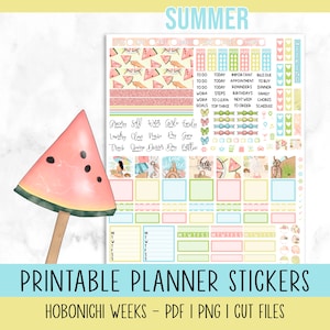 May include: Printable planner stickers with a summer theme. The stickers feature watermelon, beach umbrellas, and other summery designs. The stickers are designed for use with Hobonichi Weeks planners. The text "SUMMER" is at the top of the image. The text "PRINTABLE PLANNER STICKERS" is at the bottom of the image. The text "HOBONICHI WEEKS - PDF | PNG | CUT FILES" is at the bottom of the image.