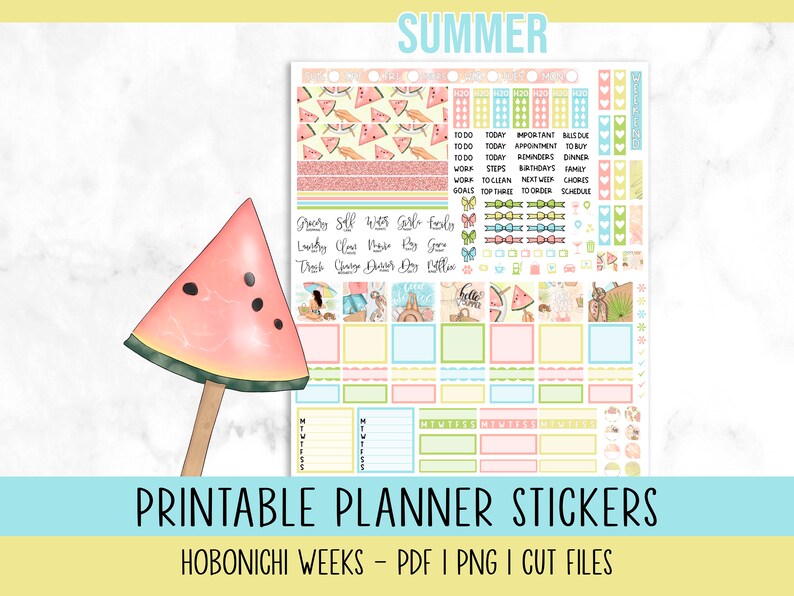 May include: Printable planner stickers with a summer theme. The stickers feature watermelon, beach umbrellas, and other summery designs. The stickers are designed for use with Hobonichi Weeks planners. The text "SUMMER" is at the top of the image. The text "PRINTABLE PLANNER STICKERS" is at the bottom of the image. The text "HOBONICHI WEEKS - PDF | PNG | CUT FILES" is at the bottom of the image.