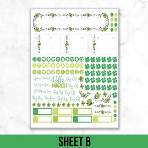 May include: A sheet of green and yellow planner stickers with shamrock designs. The stickers include a calendar for March, a list of days off, and a variety of other icons. The text "Hello March" is featured on the sheet.