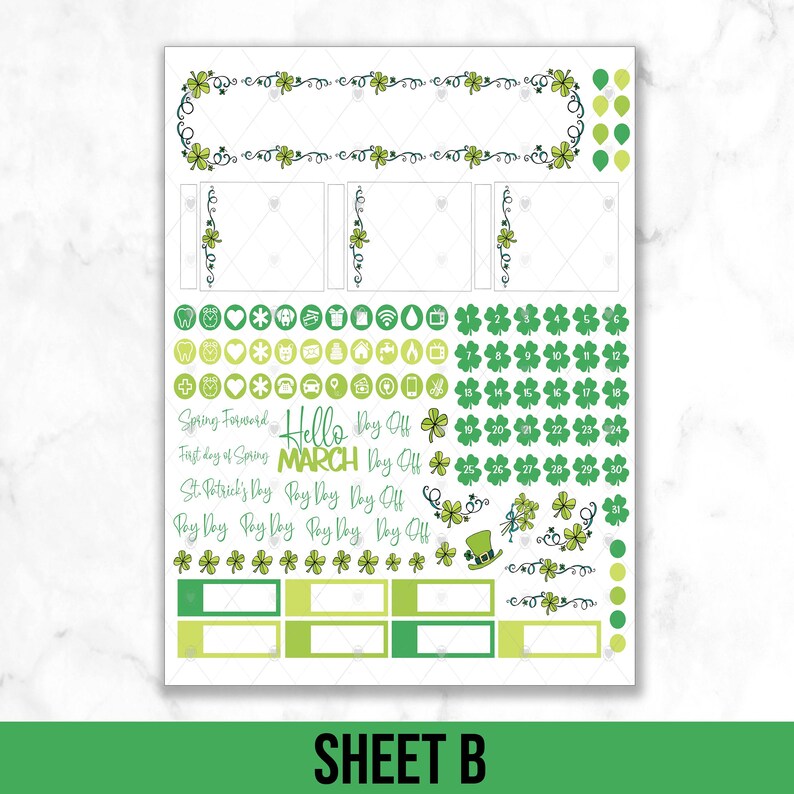 May include: A sheet of green and yellow planner stickers with shamrock designs. The stickers include a calendar for March, a list of days off, and a variety of other icons. The text "Hello March" is featured on the sheet.