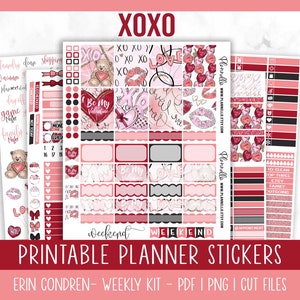 XOXO, Erin Condren Printable Planner Stickers, Kit hebdomadaire imprimable de la Saint-Valentin, Kit hebdomadaire vertical de coeur, Fichiers coupés inclus