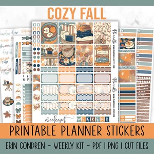 May include: Printable planner stickers with a cosy autumn theme. The stickers feature illustrations of coffee mugs, books, blankets, and other autumn-themed items. The stickers are designed for Erin Condren planners and are available in PDF, PNG, and cut file formats.